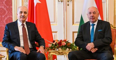 Hungarian President Tamas Sulyok (R) and Parliament Speaker Numan Kurtulmuş meet in the Presidential Alexander Palace, Budapest, Hungary, Sept. 30, 2025. (AP Photo)