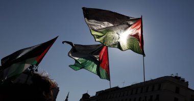 Members of the Solidarian Net Against the Palestine Occupation (Red Solidaria Contra la Ocupacion Palestina) take part in a demonstration held at Puerta del Sol Square in Madrid, Spain, Sept. 9, 2025. (EPA Photo)