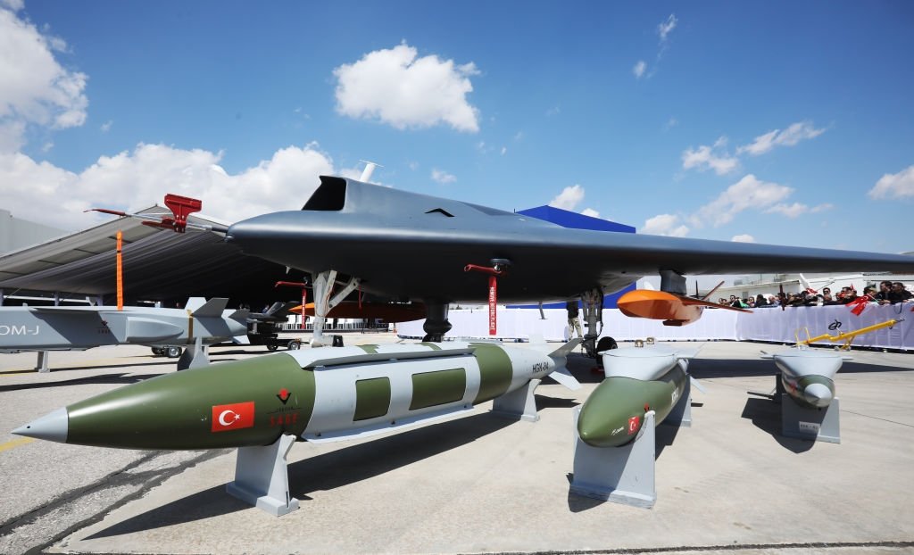 Anka, one of Türkiye's domestic aircraft, is exhibited at the introductory ceremony of the new domestic fighter aircraft Kaan, Ankara, Türkiye, May 1, 2023. (Getty Images Photo)