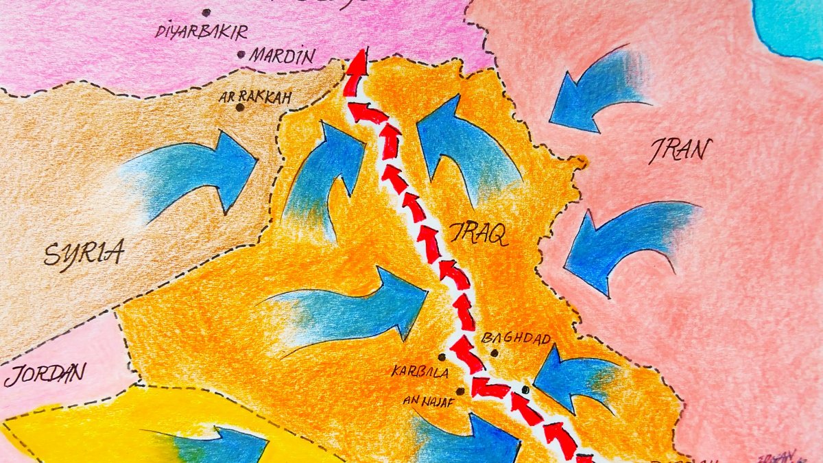 "The Development Road could also be Iraq’s ticket to economic diversification, moving beyond oil dependency." (Illustration by Erhan Yalvaç)