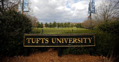 A sign stands at the edge of the campus of Tufts University in Medford, Massachusetts, U.S., Nov. 27, 2017. (Reuters Photo)