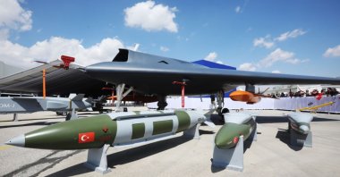 Anka, one of Türkiye&#039;s domestic aircraft, is exhibited at the introductory ceremony of the new domestic fighter aircraft Kaan, Ankara, Türkiye, May 1, 2023. (Getty Images Photo)