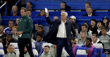 Benfica&#039;s head coach Jose Mourinho gestures during the UEFA Champions League league phase match against Chelsea, London, U.K., Sept. 30, 2025. (EPA Photo)