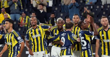 Fenerbahçe players celebrate during the Süper Lig match against Antalyaspor at the Chobani Stadium, Istanbul, Türkiye, Sept. 28, 2025. (AA Photo)