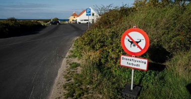 A sign reading &quot;drone flying prohibited&quot; is pictured in Halsskov, West Zealand, Denmark, Sept. 30, 2025. (AFP Photo)