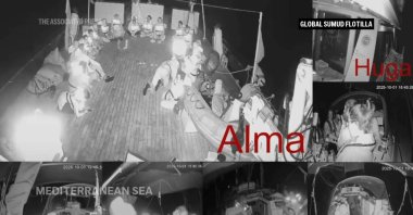 Idraeli navy intercepts a flotilla of vessels sailing toward Gaza as they approach the besieged Palestinian territory, Oct. 1, 2025. (AP Photo)