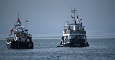 A ship, known as the &quot;Family&quot; and is part of the Global Sumud Flotilla, is anchored off the coast of the village of Sidi Bou Said, Sept. 9, 2025. (AFP File Photo)