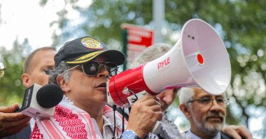 Colombia&#039;s President Gustavo Petro addresses a pro-Palestinian rally outside the U.N. headquarters in New York, U.S., Sept. 26, 2025. (AFP Photo)