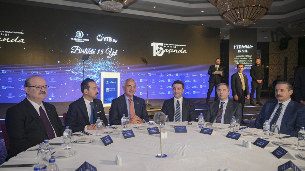 Culture and Tourism Minister Mehmet Nuri Ersoy (3rd L) attends the 15th anniversary gala program of the Presidency for Turks Abroad and Related Communities (YTB), Ankara, Türkiye, Oct. 1, 2025. (AA Photo)