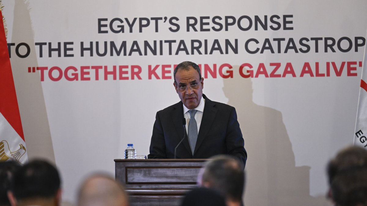 Egyptian Minister of Foreign Affairs Badr Abdelatty speaks during a press conference on delivering humanitarian aid to the Gaza Strip in Cairo, Egypt, Sept. 17, 2025. (EPA Photo)