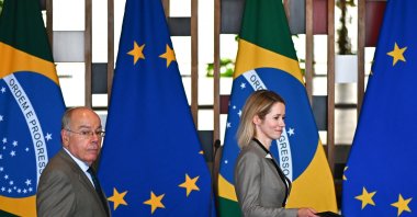 Brazilian Foreign Minister Mauro Vieira (L) and EU High Representative for Foreign Affairs and Security Policy Kaja Kallas arrive for a news conference at Itamaraty Palace, Brasilia, Brazil, Sept. 19, 2025. (EPA Photo)