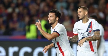 Saint-Germain&#039;s Gonçalo Ramos (L) celebrates scoring their second goal during the UEFA Champions League league phase day 2 football match against Barcelona at the Estadi Olimpic Lluis Companys, Barcelona, Oct. 1, 2025. (AFP Photo)