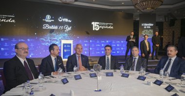 Culture and Tourism Minister Mehmet Nuri Ersoy (3rd L) attends the 15th anniversary gala program of the Presidency for Turks Abroad and Related Communities (YTB), Ankara, Türkiye, Oct. 1, 2025. (AA Photo)