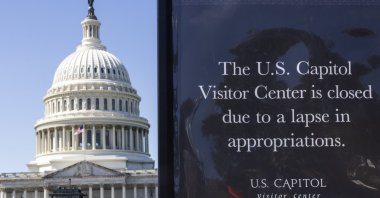 A sign outside the U.S. Capitol advises visitors about the government shutdown in Washington, D.C., U.S., Oct. 1, 2025. (EPA Photo)