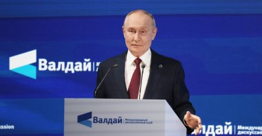 Russian President Vladimir Putin delivers a speech during a plenary session of the 22nd annual meeting of the Valdai Discussion Club in Sochi, Krasnodar region, Russia, Oct. 2, 2025. (EPA via Kremlin)