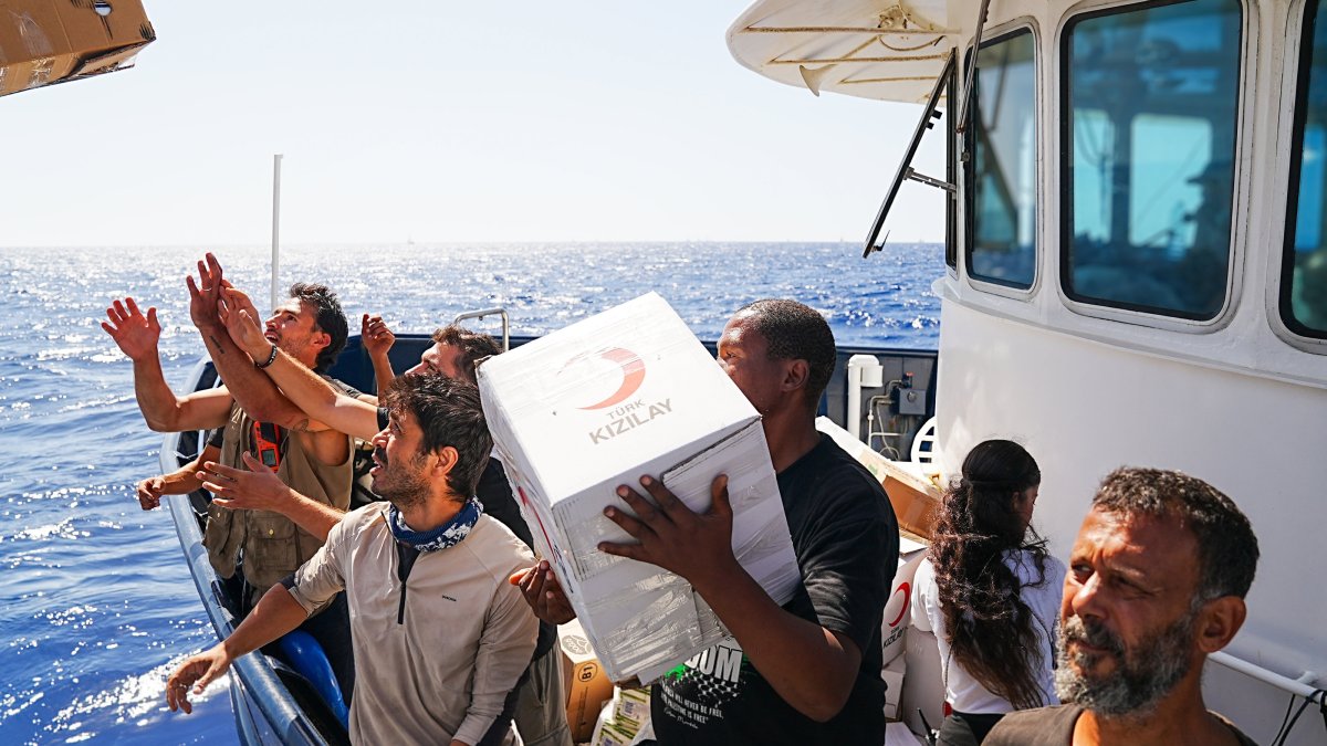 The Turkish Red Crescent provides food and medicine to the Global Sumud Flotilla en route to deliver humanitarian aid to Gaza, with Turkish aid reaching the flotilla’s vessels sailing in the Mediterranean between Crete, Cyprus and Egypt, Sept. 29, 2025. (AA Photo)