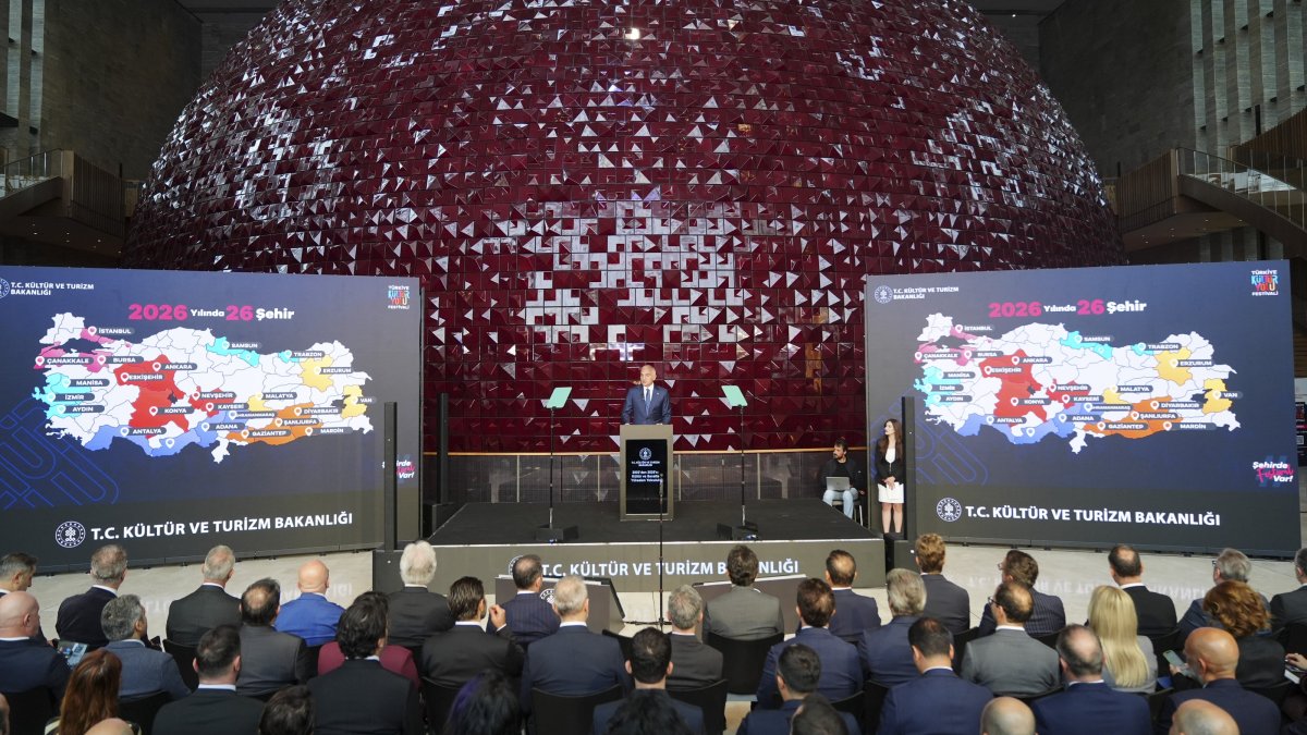 Culture and Tourism Minister Mehmet Nuri Ersoy speaks during the press conference at Atatürk Culture Center, Istanbul, Türkiye, Oct. 3, 2025. (AA Photo)