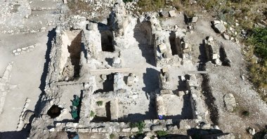 An aerial view of excavations at Gevhernik Castle, revealing tombs and cisterns, Artvin, Türkiye, Oct. 3, 2025. (AA Photo)