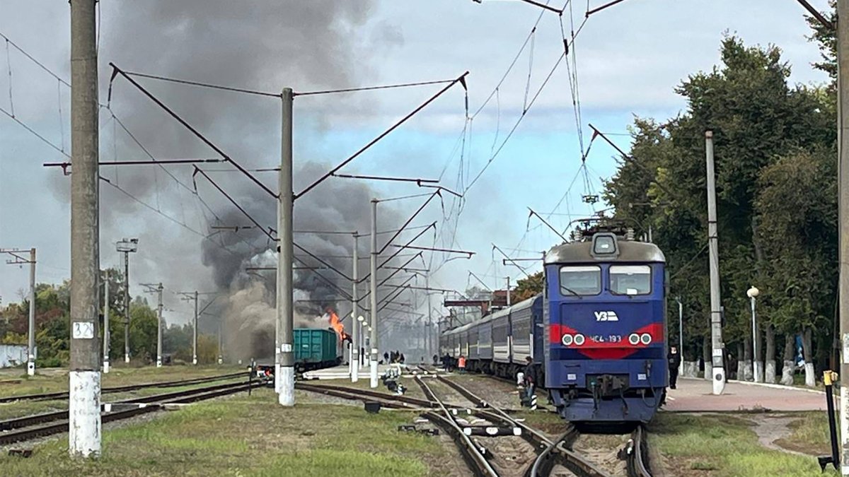 Smoke billows from a burning train carriage following a Russian drone attack in Shostka, Sumy region, Ukraine, Oct. 4, 2025. (AFP Photo)