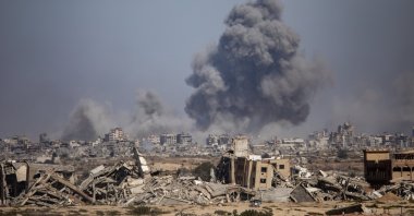 Smoke billows after Israeli airstrikes on Gaza City as seen from the northwest of Nuseirat refugee camp, Gaza Strip, Oct. 2, 2025. (EPA Photo)
