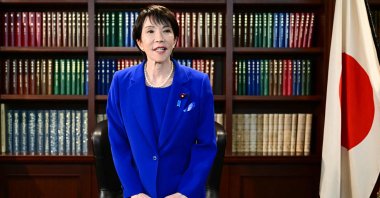 Sanae Takaichi, the newly elected leader of Japan&#039;s ruling party, the Liberal Democratic Party (LDP), gestures as she leaves the party leader&#039;s office after the LDP leadership election in Tokyo, Japan, Oct. 4, 2025. (AFP Photo)