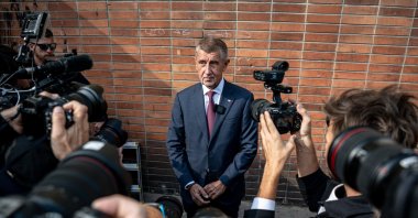 Leader of Czech Republic&#039;s ANO party Andrej Babis talks to reporters after casting his ballot into an urn during the parliamentary elections at a polling station in Ostrava, Czech Republic, Oct. 3, 2025. (AA Photo)