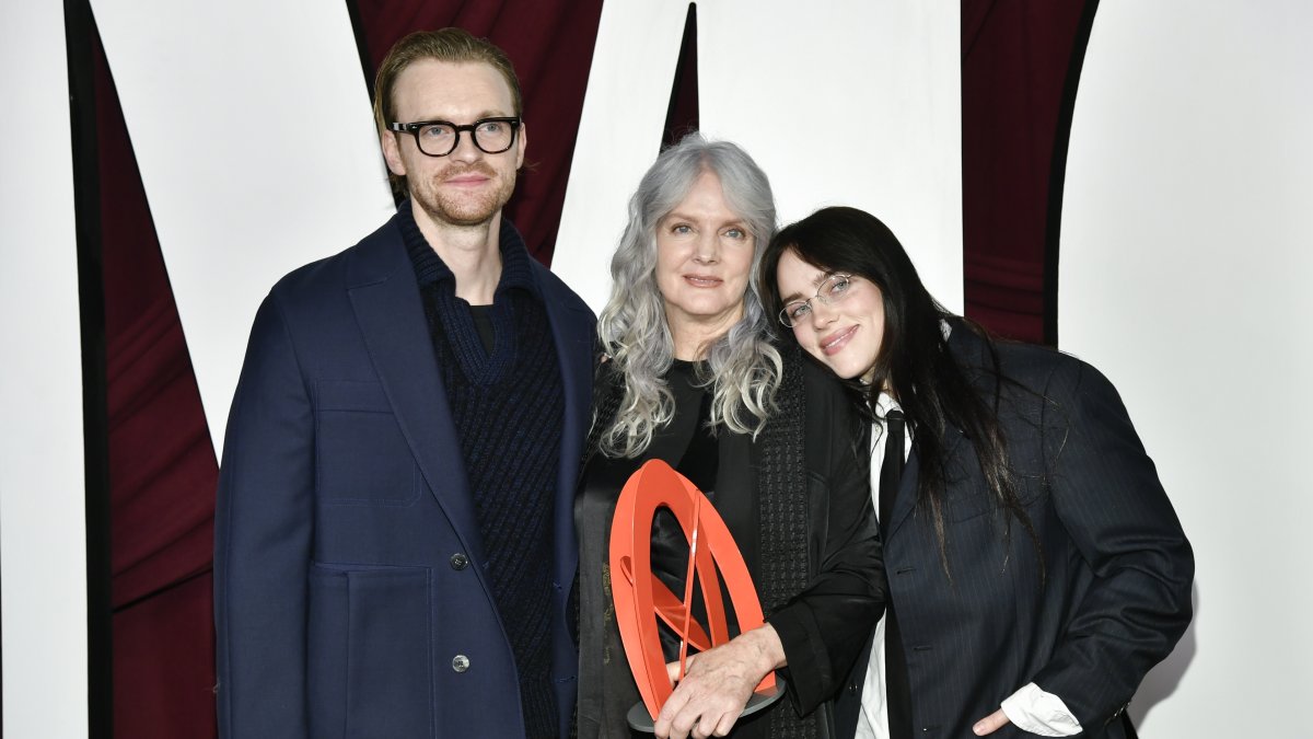 From left to right, Finneas, Maggie Baird and Billie Eilish attend the Glamour Women of the Year Awards in New York, U.S., Oct. 8, 2024. (AP Photo)