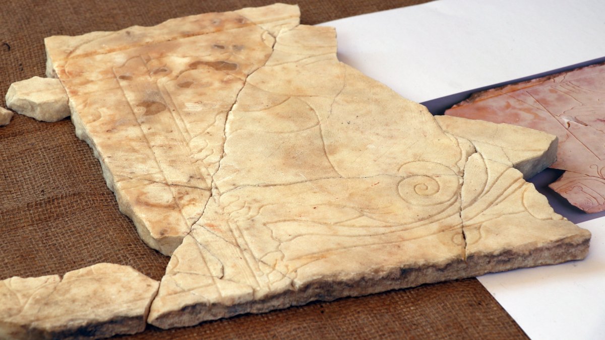 Excavations at Sagalassos have uncovered a Roman bath featuring the Egyptian god Tutu, carved on Afyon marble slabs, Burdur, southern Türkiye, Oct. 4, 2025. (AA Photo)