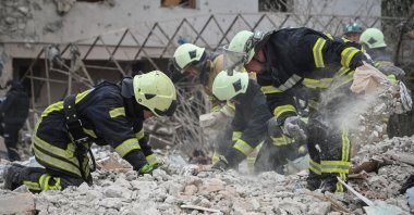 Rescuers work at the site of a house destroyed during a Russian drone and missile strike, in the village of Lapaivka on the outskirts of Lviv, Ukraine, Oct. 5, 2025. (Reuters Photo)