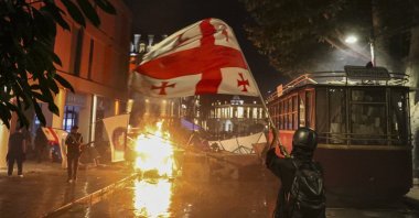 Georgian opposition parties&#039; supporters clash with riot police during a rally after local elections in Tbilisi, Georgia, Oct. 4, 2025. (EPA Photo)