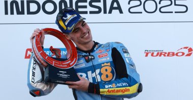 Gresini Racing rider Fermin Aldeguer of Spain celebrates winning the Indonesian GP in Mandalika, Indonesia, Oct. 5, 2025. (EPA Photo)