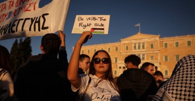 Demonstrators protest in solidarity with the Palestinian people and over Israel&#039;s navy intervention against the Global Sumud Flotilla (GSF) in Athens, Greece, Oct. 5, 2025. (EPA Photo)