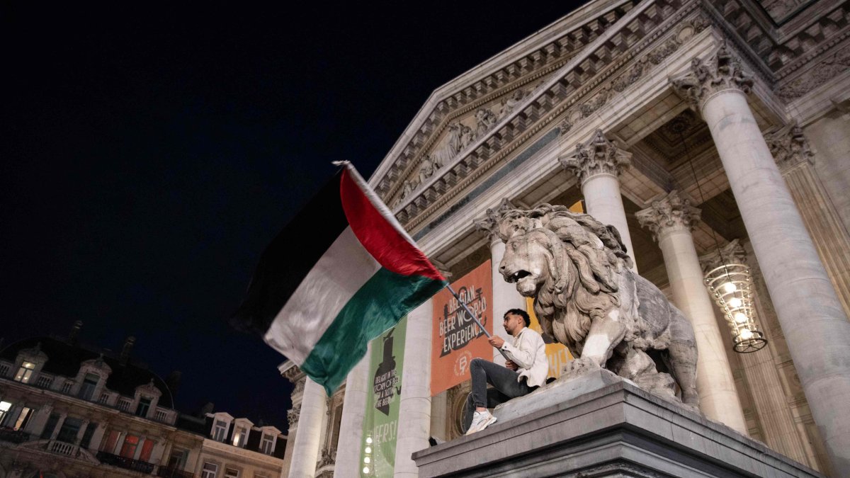 A protestor holds a Palestinian flag during a pro-Palestinian protest, Brussels, Belgium, Oct. 2, 2025. (AFP Photo)
