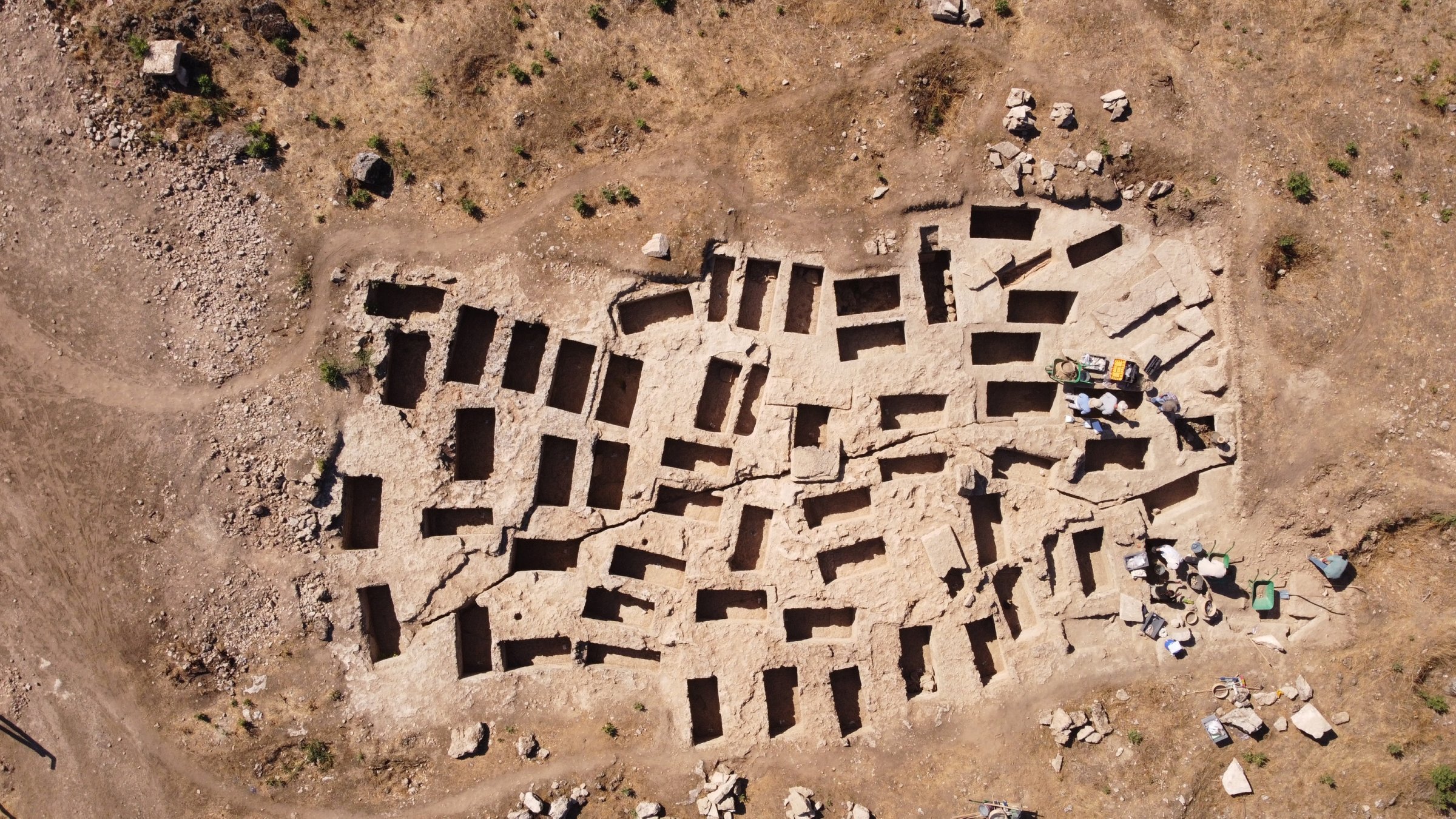 Aerial view of 60 ancient tombs discovered during excavations in Denizli, Türkiye, in this photo released on Oct. 6, 2025. (AA Photo)