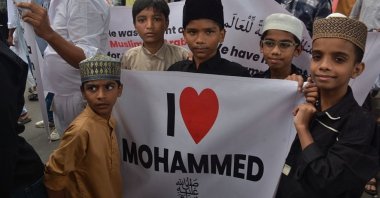 Members of the Muslim community take out a march carrying &quot;I Love Muhammad&quot; posters after the Friday prayers outside a Mosque, near Mumbra railway Station, Thane, India, Sept. 25, 2025. (Getty Images Photo)