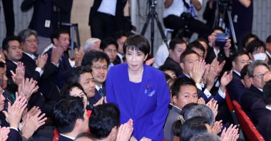 Newly-elected Liberal Democratic Party (LDP) leader Sanae Takaichi receives applause after winning the LDP leadership election in Tokyo, Japan, Oct. 4, 2025. (EPA Photo)
