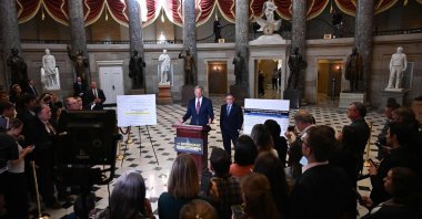 Senate majority leader Rep. John Thune speaks alongside House Speaker Rep. Mike Johnson during a press conference on the third day of the US government shutdown, Washington, DC, U.S., Oct. 3, 2025. (AFP Photo)