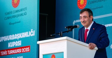Vice President Cevdet Yılmaz speaks during the opening of the inaugural Presidential Cup Tennis Tournament, Ankara, Türkiye, Oct. 6, 2025. (AA Photo) 