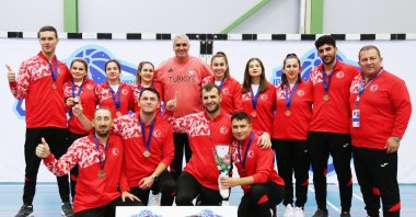 Turkish men’s and women’s goalball teams pose for a photo after the European Goalball Championships, Nastola, Finland, Oct. 5, 2025. (DHA Photo)