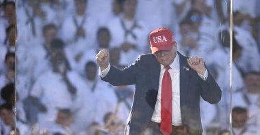 U.S. President Donald Trump dances after delivering remarks during the US Navy&#039;s 250th anniversary celebration, &quot;America&#039;s Navy 250: Titans of the Sea - A Salute to the Fleet&quot;, at Naval Station Norfolk Pier 14, Norfolk, U.S., Oct. 5, 2025. (AA Photo)