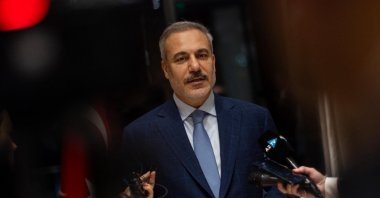 Foreign Minister Hakan Fidan speaks to reporters as he attends Organization of Turkic States (OTS) Foreign Ministers’ Council in Gabala, Azerbaijan, Oct. 6, 2025. (AA Photo)