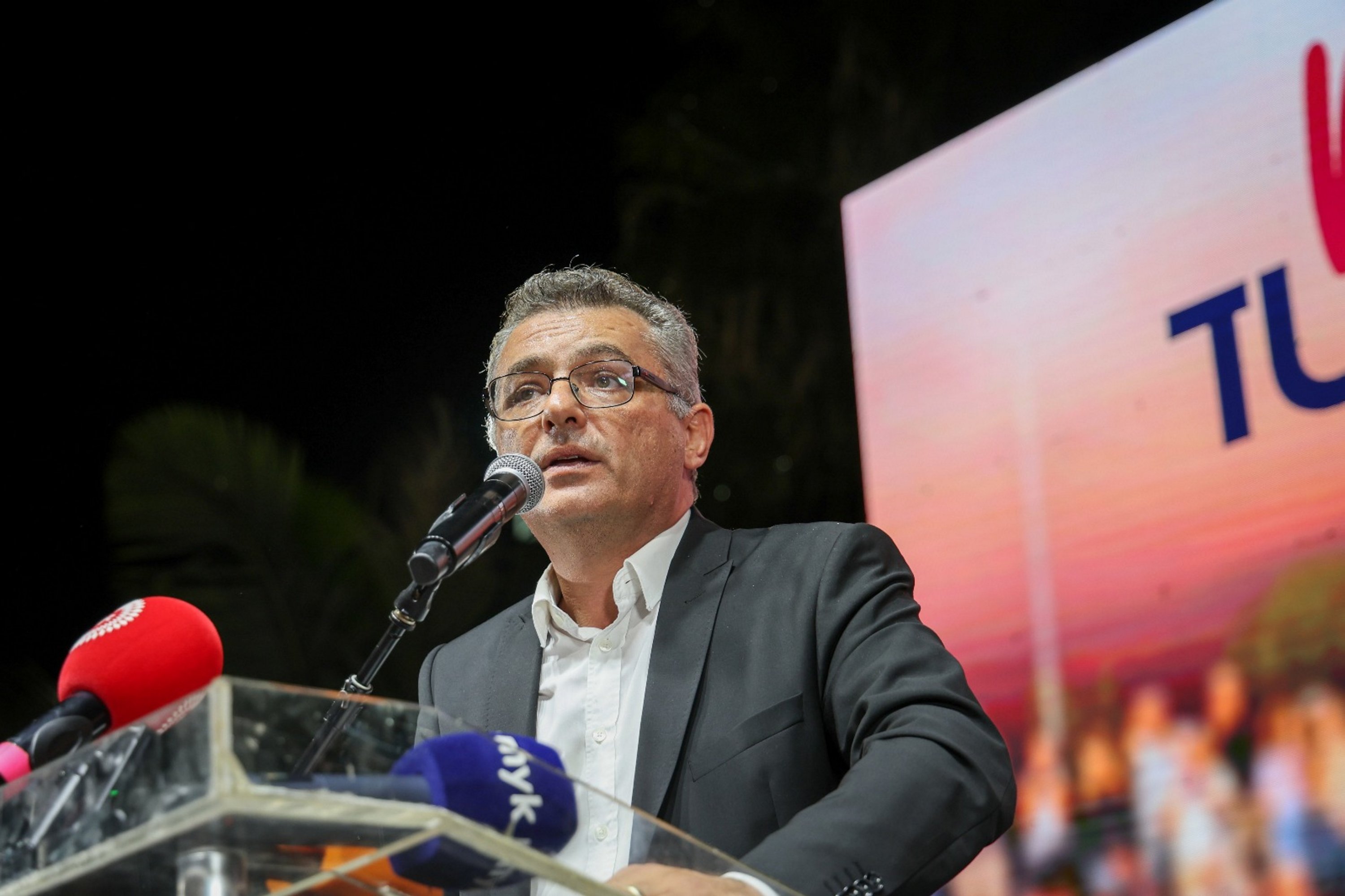 Tufan Erhürman, presidential candidate and chair of the main opposition party, Republican Turkish Party (CTP), delivers a speech, Lefkoşa (Nicosia), TRNC, Sept. 24, 2025. (AA Photo)