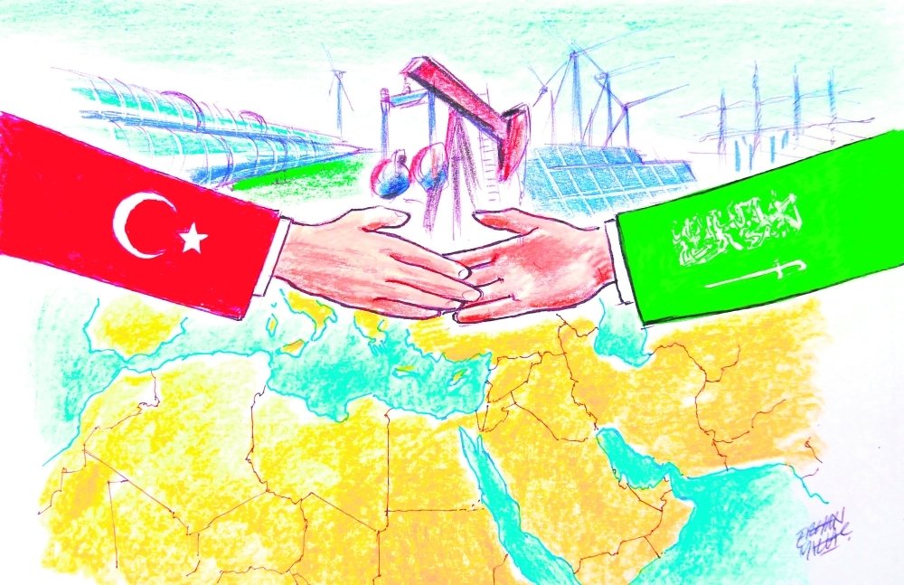 Türkiye’s diplomatic activism and Saudi Arabia’s symbolic role in the Islamic world make their joint stance crucial. (Illustration by Erhan Yalvaç) Türkiye’s diplomatic activism and Saudi Arabia’s symbolic role in the Islamic world make their joint stance crucial. (Illustration by Erhan Yalvaç)