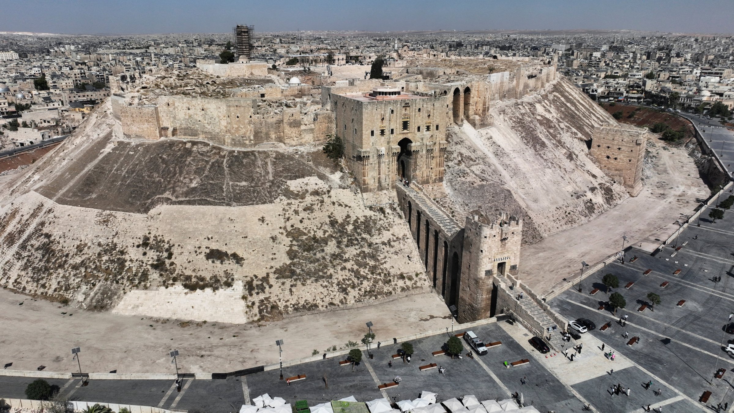 A drone view shows the Aleppo citadel, which had suffered damage during the years of war in Syria and has now been fully restored and reopened to the public for World Tourism Day, Aleppo, Syria, Sept. 27, 2025. (Reuters Photo)