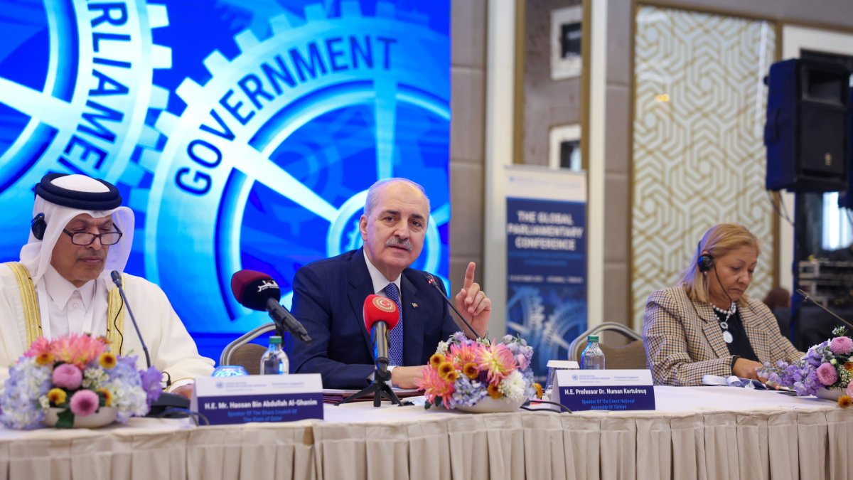 Parliament Speaker Numan Kurtulmuş is seen at a conference, Istanbul, Türkiye, Oct.7, 2025. (AA Photo)