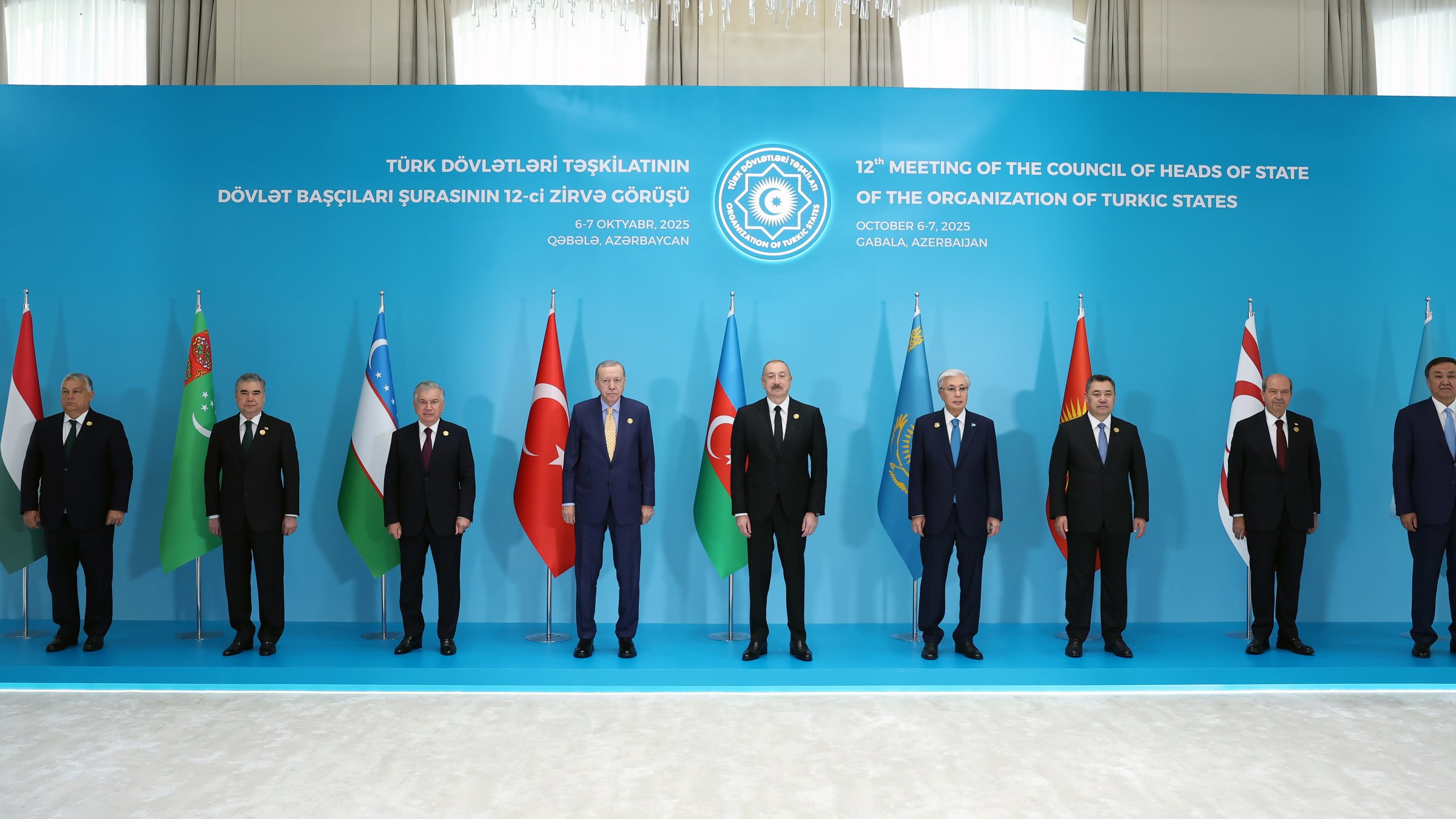 Heads of state of Turkic countries pose for a group photo before the summit, Gabala, Azerbaijan, Oct. 7, 2025. (DHA Photo)