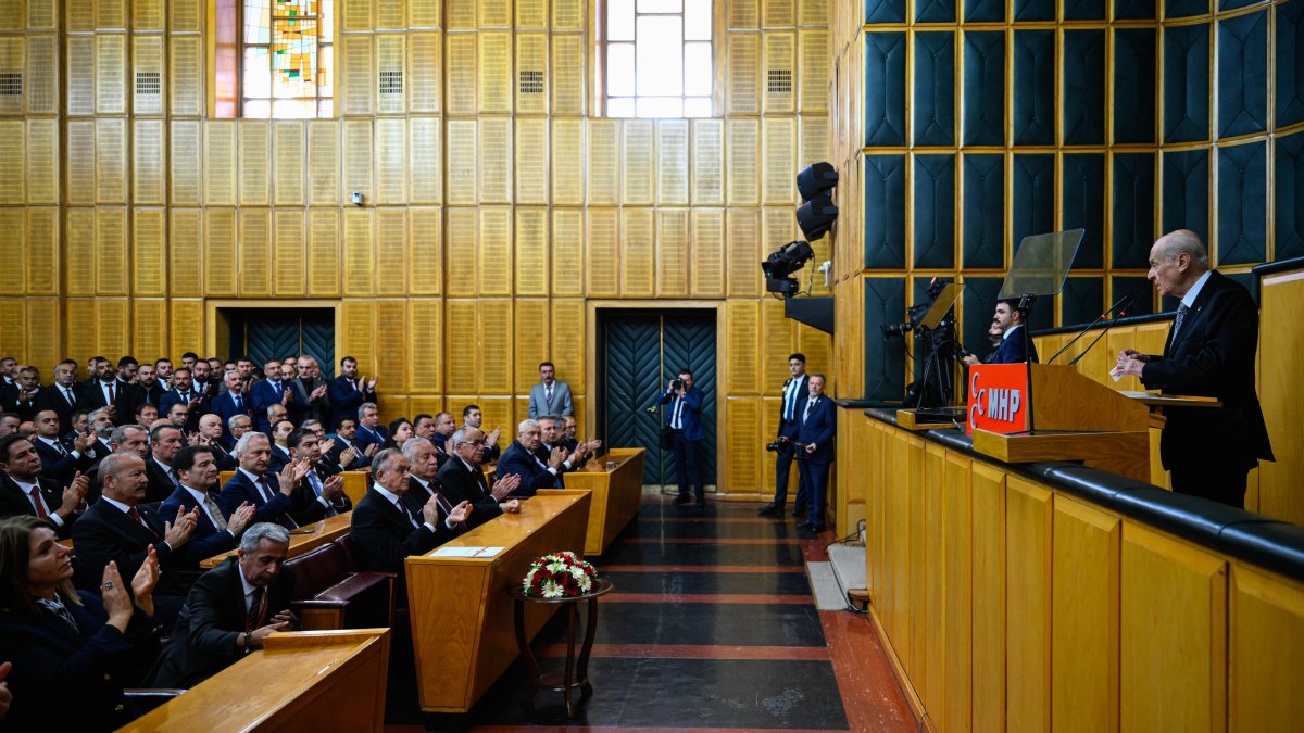 MHP leader Devlet Bahçeli speaks at the parliamentary group meeting of his party, Ankara, Türkiye, Oct. 7, 2025. (AA Photo)