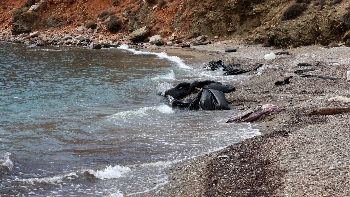 A sunken boat is seen at Geras beach, in southern Lesvos, Greece, Oct. 7, 2025. (EPA Photo)