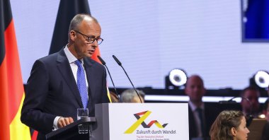 German Chancellor Friedrich Merz delivers a speech during celebrations for the Day of German Unity, Saarbruecken, Germany, Oct. 3, 2025. (EPA Photo)