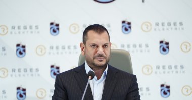 Trabzonspor President Ertuğrul Doğan speaks during the signing ceremony for the football team&#039;s underarm sponsorship agreement between Trabzonspor and Reges Elektrik was held at the Raffles Hotel, Istanbul, Türkiye, Oct. 1, 2025. (AA Photo)